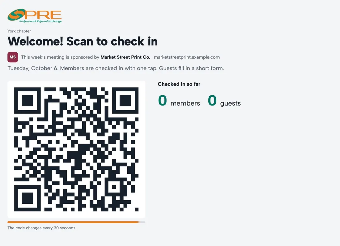 A chapter's meeting check-in screen with a QR code