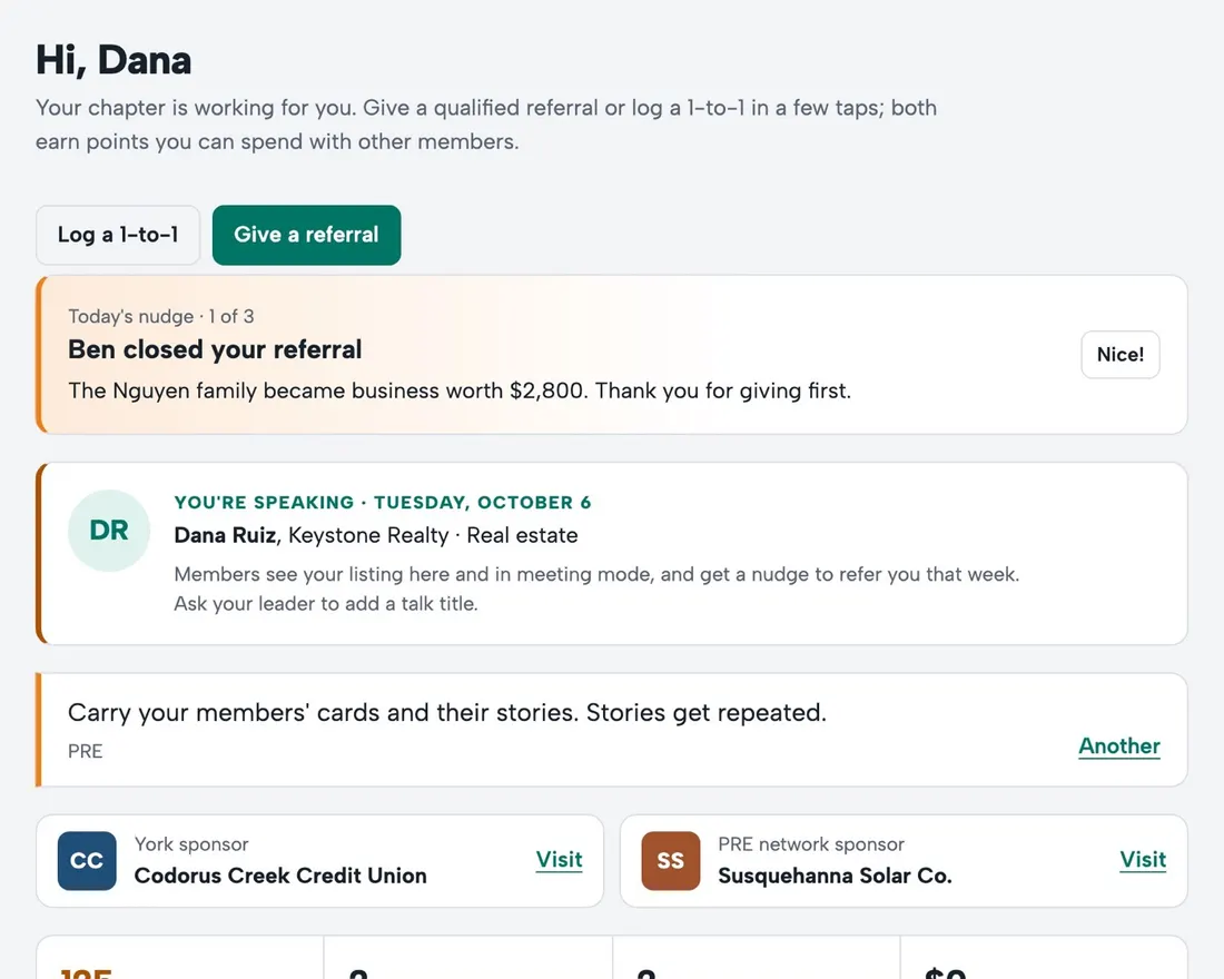 A member's Ecoferral home: referrals given and received, points, and who to refer next